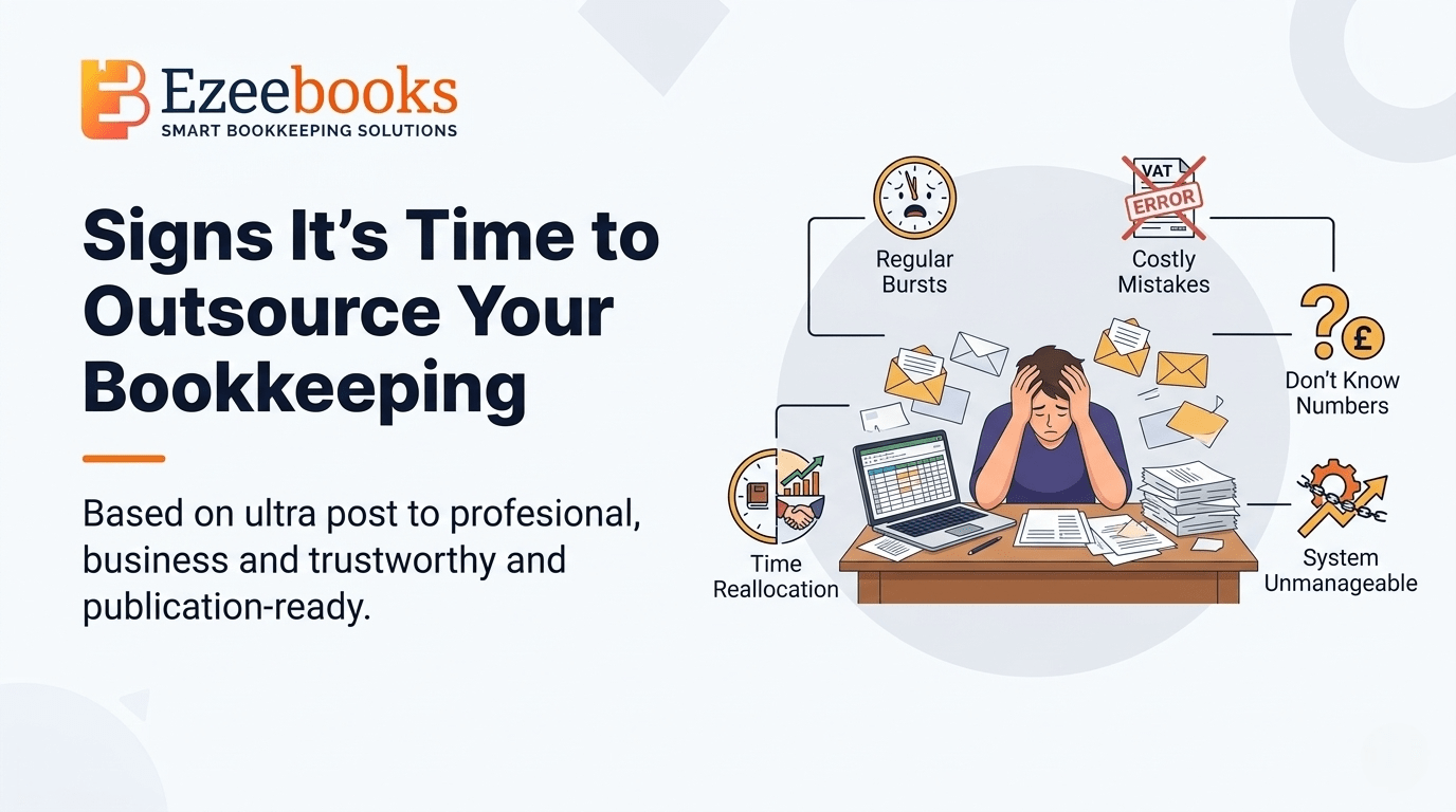 Overwhelmed small business owner surrounded by paperwork and a laptop, representing the moment to outsource bookkeeping